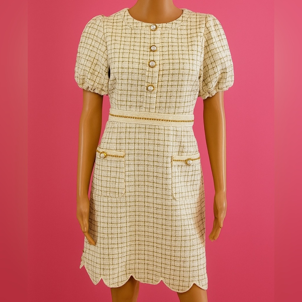 Simply Southern Cream & Gold A-Line Dress with Puff Sleeves and Scalloped edges